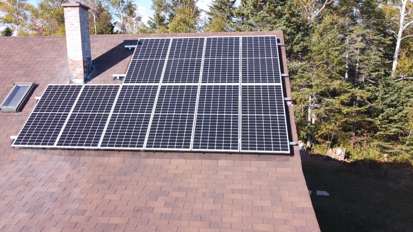 Close-up aerial view of solar panels installed on a roof